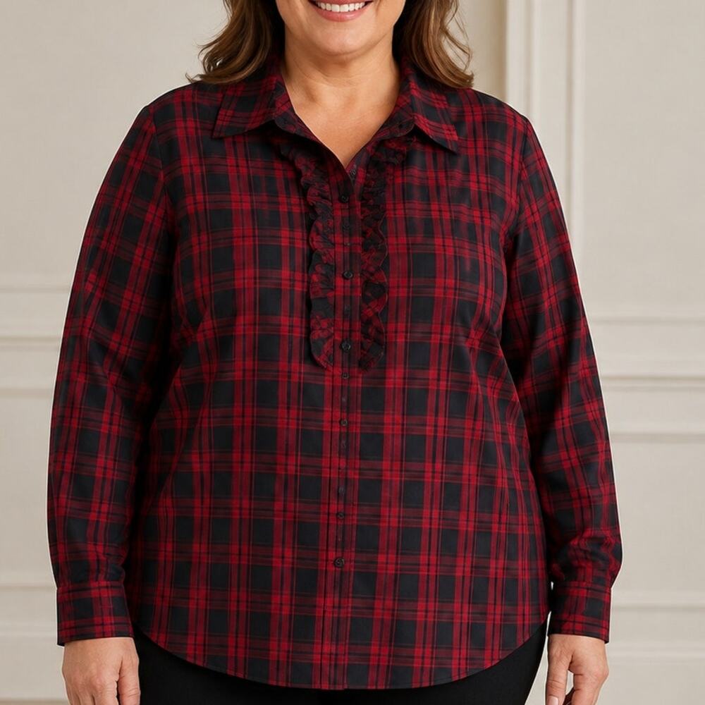 Talbots Tartan Plaid Ruffle Shirt Woman 22W Popover Blouse Red Black Festive